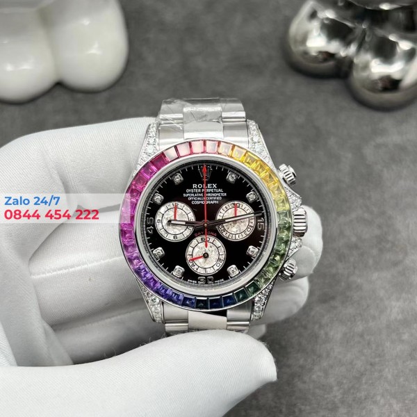 Đồng Hồ Rolex Cosmograph Daytona 116599 Mặt Số Đen Cọc Số Kim Cương Chế Tác Vàng Trắng Nguyên Khối 18k 