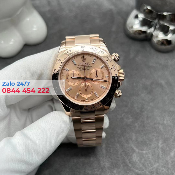 Đồng Hồ Rolex Cosmograph Daytona 116505 Rose Gold Cọc Số Kim Cương Baguette