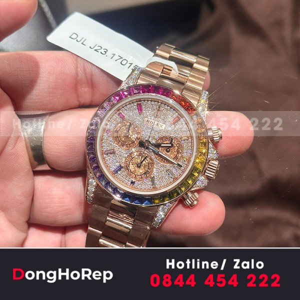 Đông hồ rolex cosmograph daytona 116595RBOWDP rainbow bọc vàng độ moissanite 