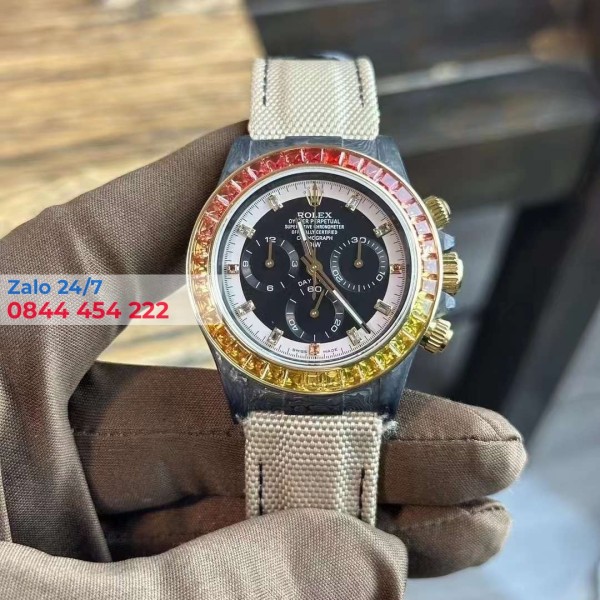 Đồng Hồ Rolex Cosmograph Daytona Vỏ Carbon Viền Đá Like Auth