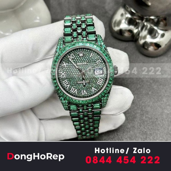 Đồng hồ rolex datejust chế tác nạm đá xanh green 