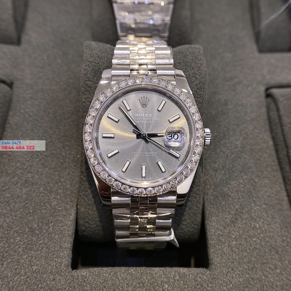 Đồng Hồ Rolex Datejust Mặt Số Grey Viền Kim Cương Moissanite