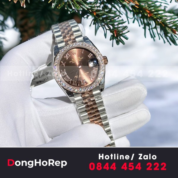 Đồng hồ rolex datejust nữ 31mm mặt chocolate viền kim cương moissanite 