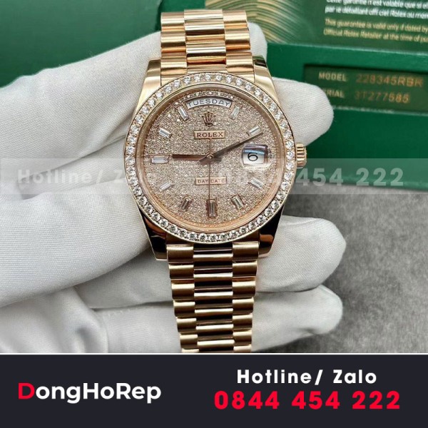 Đồng hồ rolex day date 40mm rose gold full kim cương 228345RBR 200g 