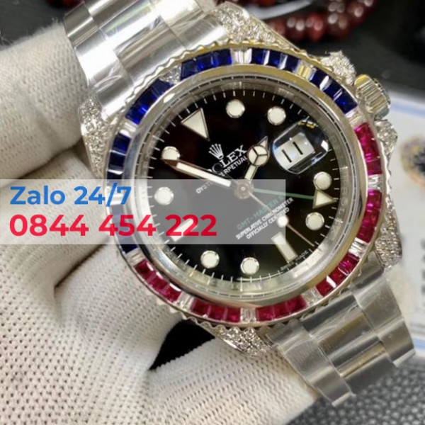 Đồng Hồ Rolex GMT Master II Pessi Replica Vàng Trắng Nguyên Khối Ruby Thiên Nhiên