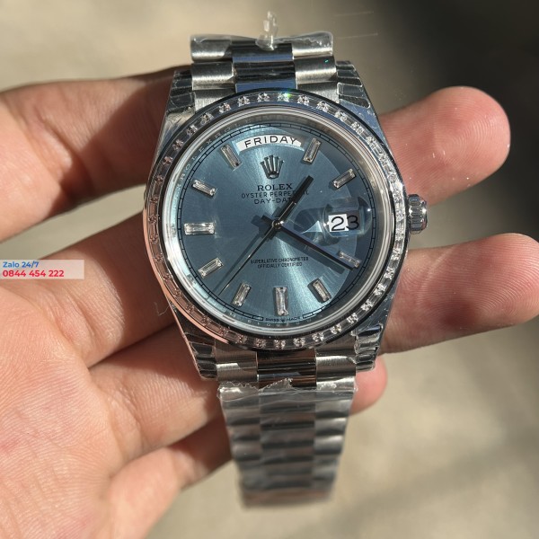 Rolex Day Date 36 128396TBR Mặt Số Xanh Băng Cọc Số Nạm Kim Cương Baguette