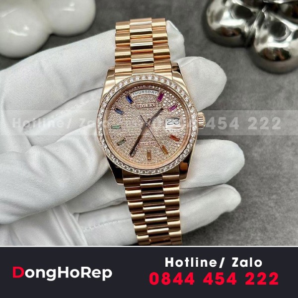 Rolex daydate 36mm rose gold 128345rbr chế tác kim cương thiên nhiên 