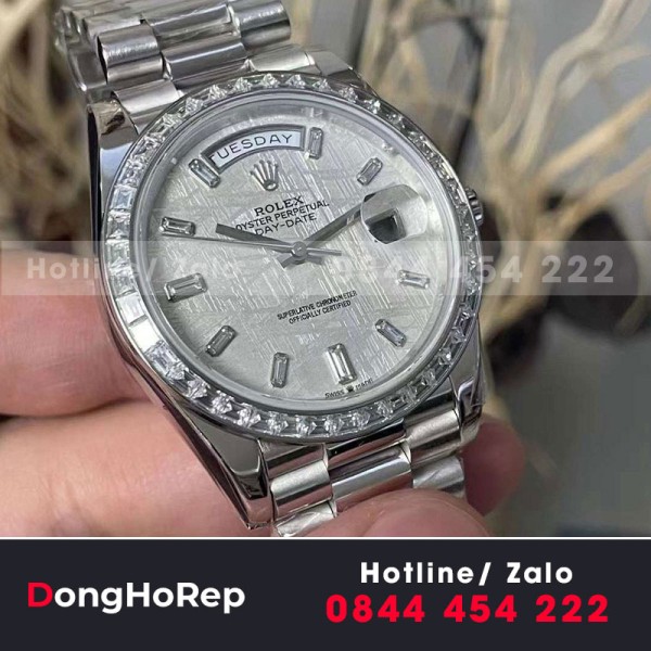 Rolex daydate 40mm chế tác vàng trắng 18k mặt thiên thạch kim cương baguette 200g 