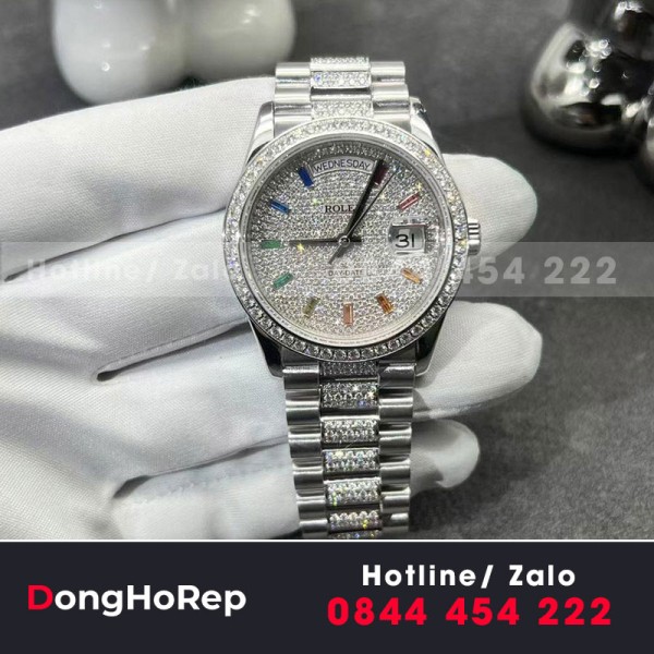 Rolex daydate vàng trắng kim cương thiên nhiên 128239 chế tác 